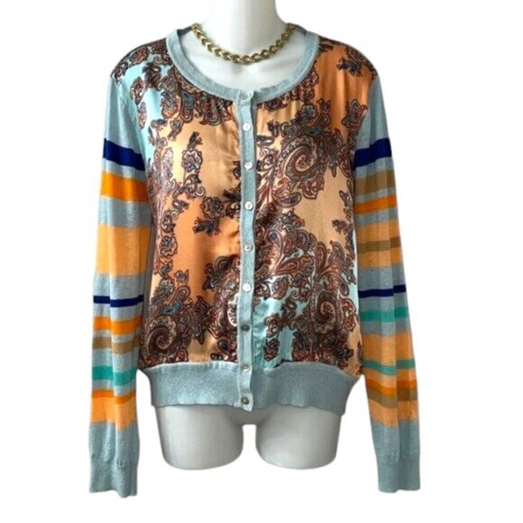 Gorgeous Sundance light blue & orange Paisley Button Down Silk & Linen Cardigan - Picture 2 of 9